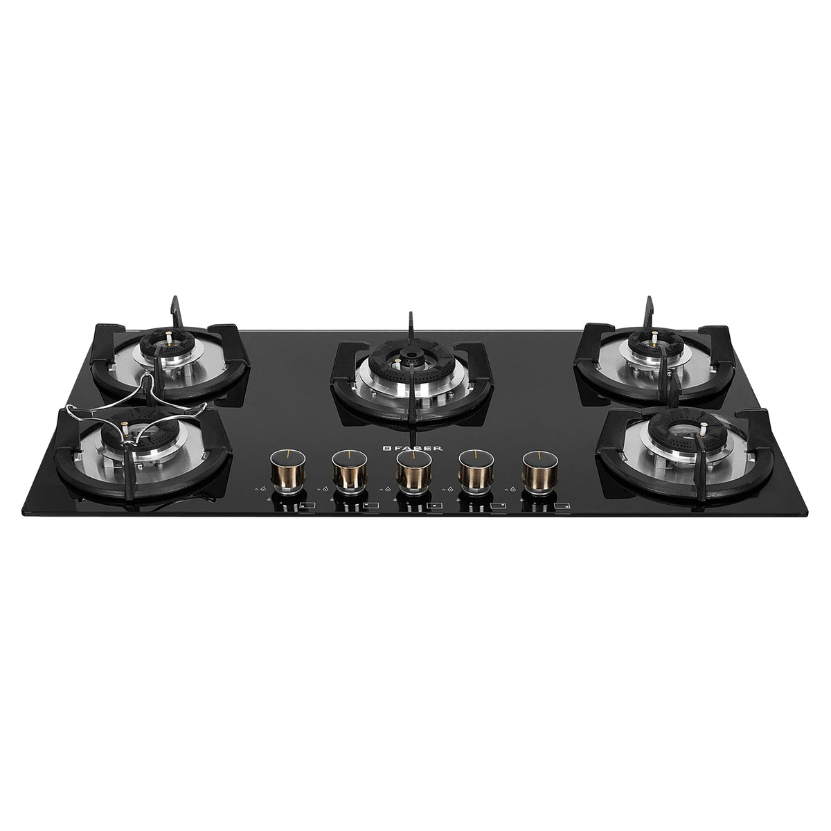 Faber HOB SUPERIA HT905 BR AI N – 5-Burner Brass Gas Hob, Toughened Black Glass, Auto Ignition, 90cm