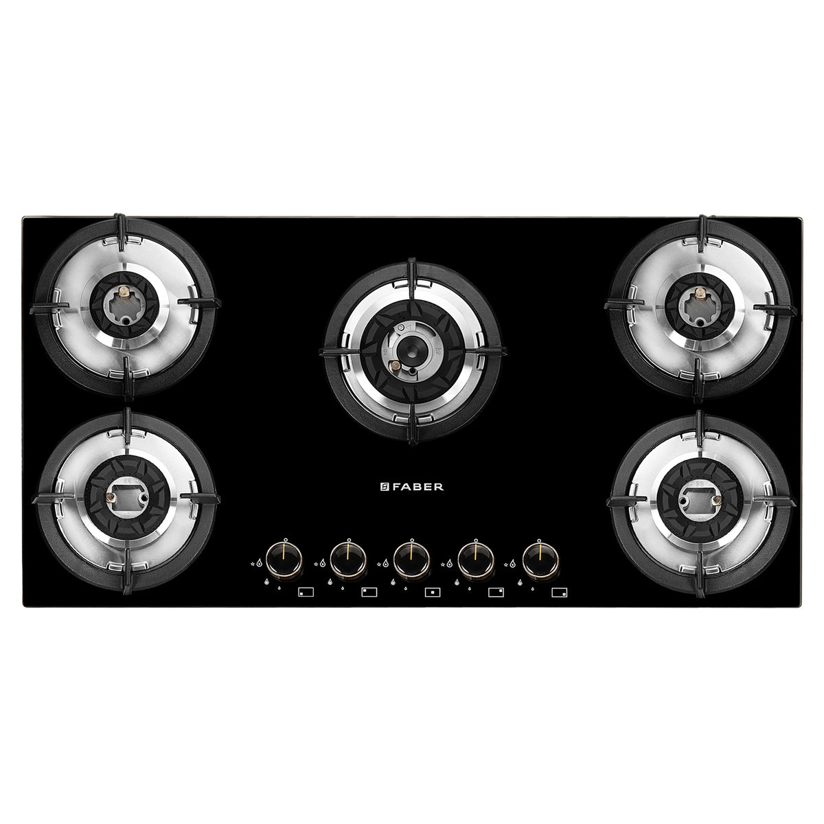 Faber HOB SUPERIA HT905 BR AI N – 5-Burner Brass Gas Hob, Toughened Black Glass, Auto Ignition, 90cm