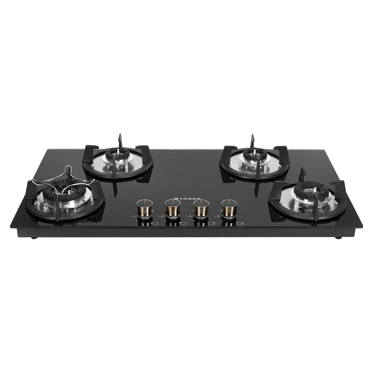 Faber HOB SUPERIA HT904 BR AI N – 4-Burner Brass Gas Hob, Toughened Black Glass, Auto Ignition, 90cm