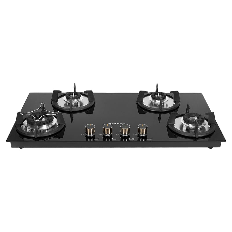 Faber HOB SUPERIA HT904 BR AI N – 4-Burner Brass Gas Hob, Toughened Black Glass, Auto Ignition, 90cm-1