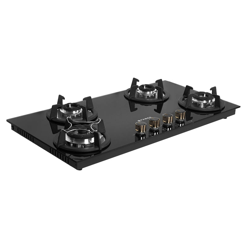 Faber HOB SUPERIA HT904 BR AI N – 4-Burner Brass Gas Hob, Toughened Black Glass, Auto Ignition, 90cm-4
