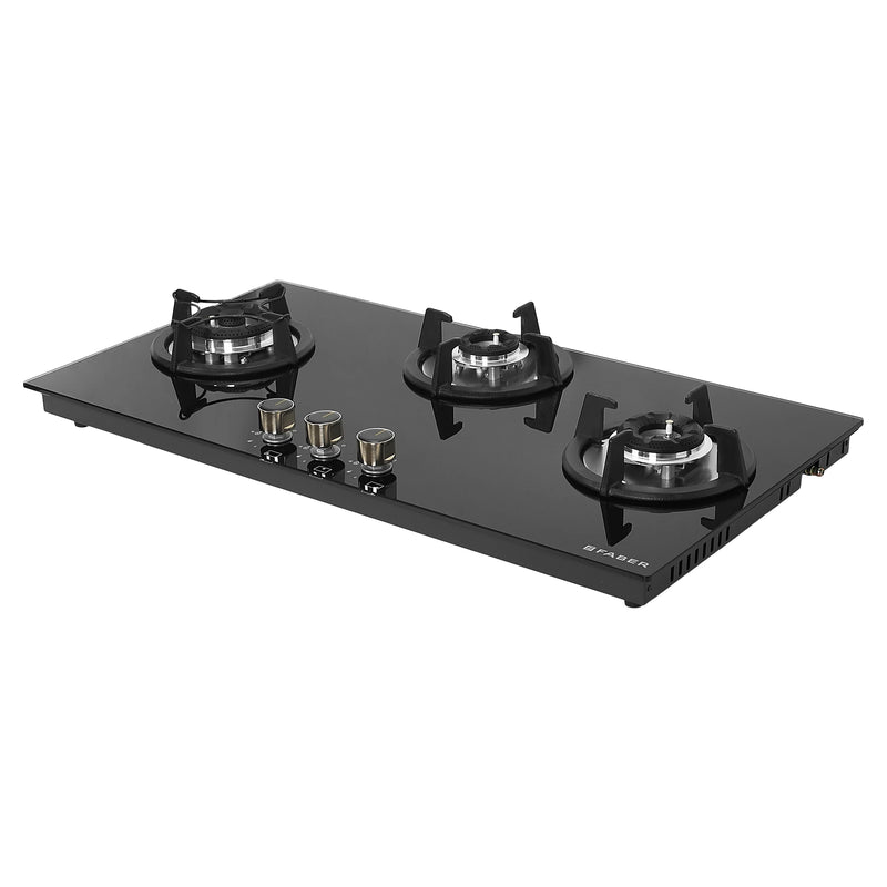 Faber HOB SUPERIA HT903 BR AI N – 3-Burner Brass Gas Hob, Toughened Black Glass, Auto Ignition, 90cm-12