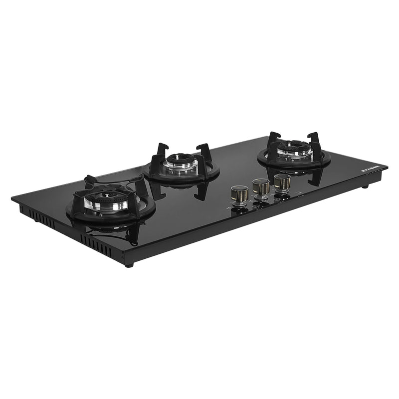 Faber HOB SUPERIA HT903 BR AI N – 3-Burner Brass Gas Hob, Toughened Black Glass, Auto Ignition, 90cm-1