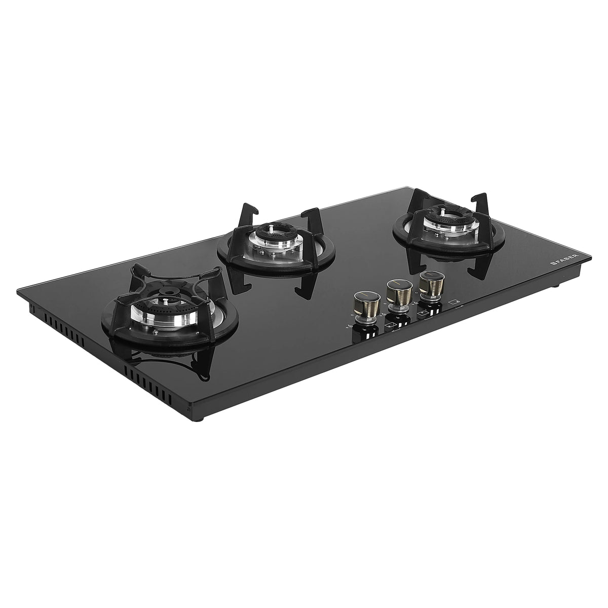 Faber HOB SUPERIA HT903 BR AI N – 3-Burner Brass Gas Hob, Toughened Black Glass, Auto Ignition, 90cm