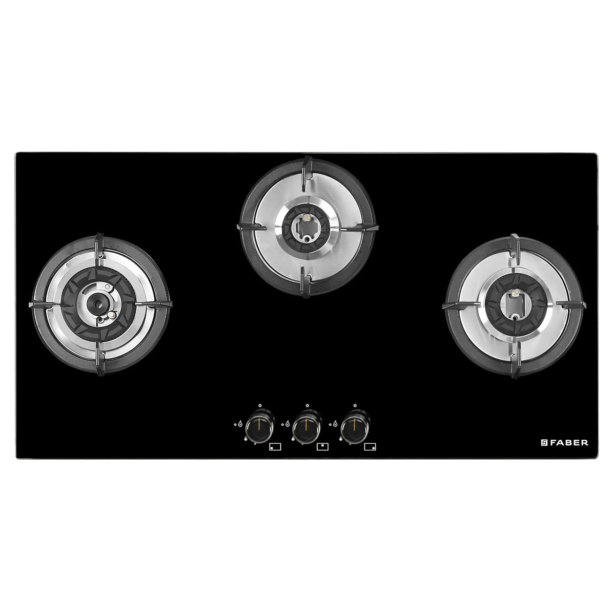 Faber HOB SUPERIA HT903 BR AI N – 3-Burner Brass Gas Hob, Toughened Black Glass, Auto Ignition, 90cm-3