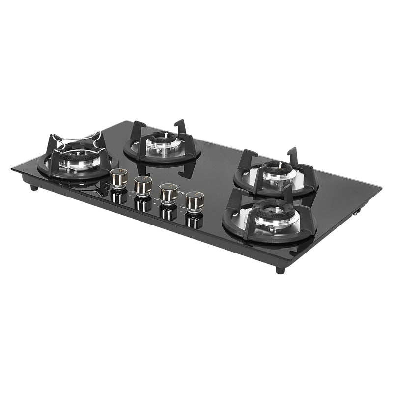Faber HOB SUPERIA HT764 BR AI N – 4-Burner Brass Gas Hob, Toughened Black Glass, Auto Ignition, 76cm-12