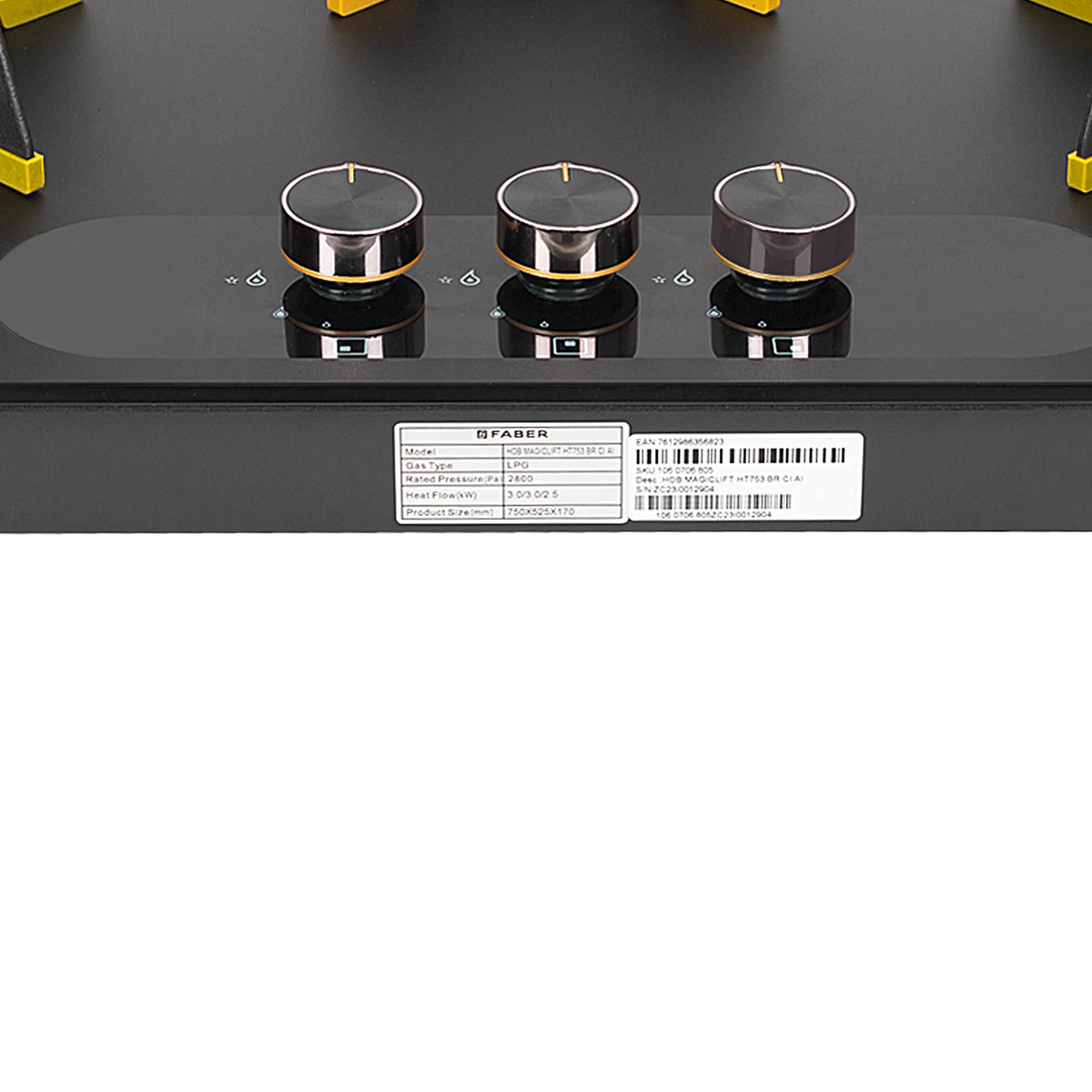 Faber Magiclift HT753 BR CI AI 75 cm Built-In Gas Hob – 3 Burners, Liftable Easy-Clean Design & Flame Failure Safety
