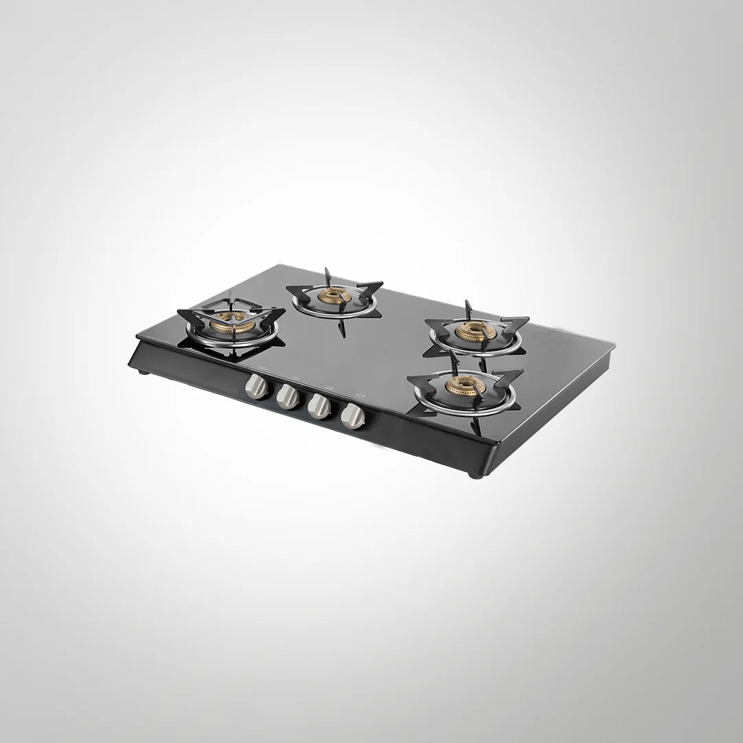 KAFF CTB694B / CTB694BAI 4-Burner Brass Gas Cooktop – Black 8mm Toughened Glass, Auto Ignition, Metal Knobs, 69cm