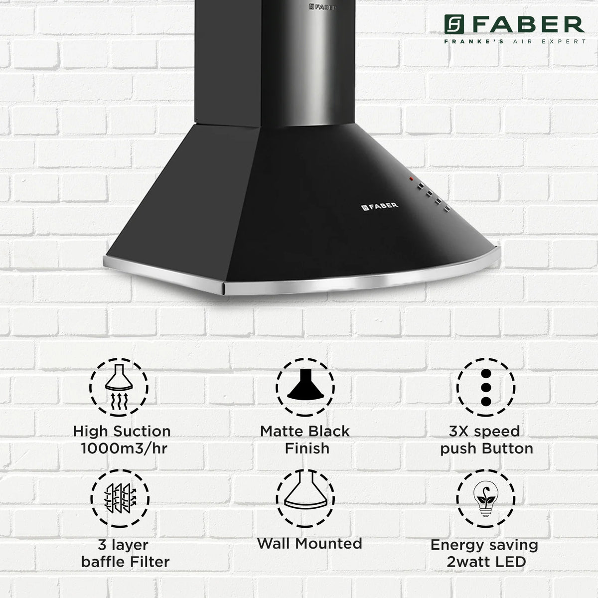 Faber Class Pro PB BK LTW 60 cm Wall-Mounted Chimney – 1000 m³/hr Suction, Push Button Control & LED Lighting-1