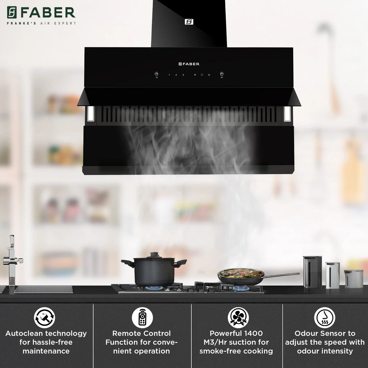 Faber Zenith FL HC SC BK IN 90 cm Wall-Mounted Chimney – 1400 m³/hr Suction, Filterless Auto-Clean, Touch & Gesture Control