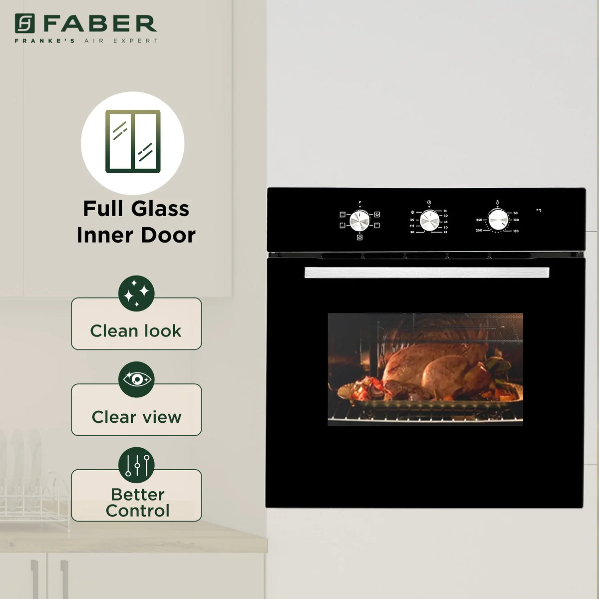 Faber FBIO 80L 5F BK Built-in Oven – 80L Black Glass, 5 Cooking Functions, Pull Knob Control, Convection Cooking, Energy Efficient