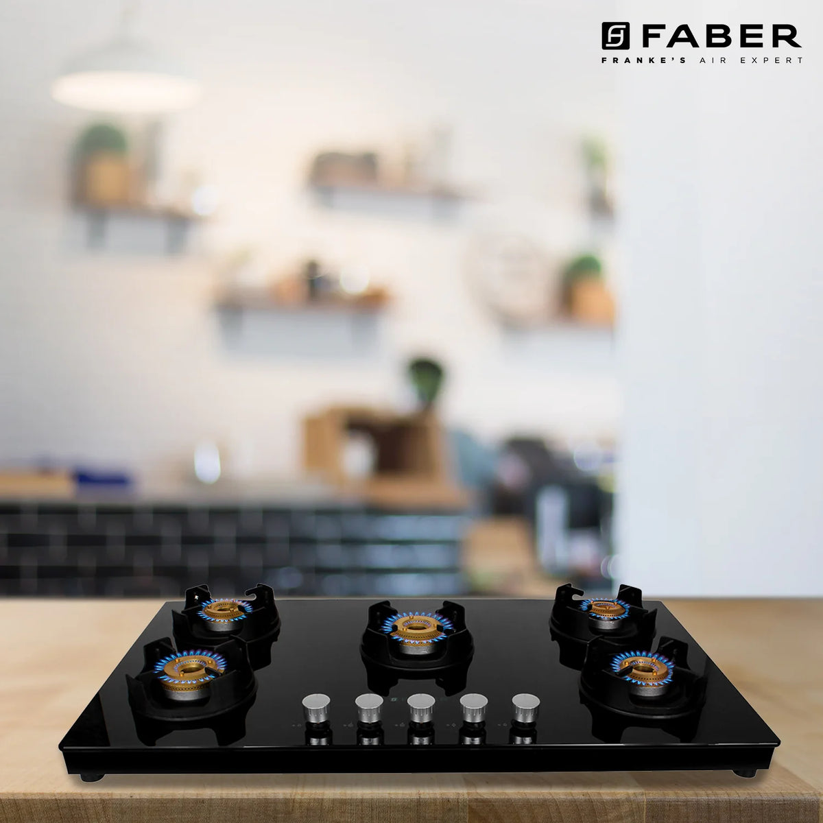 Faber NIOS DLX 905 BB BK Gas Cooktop – 90cm 5 Burner, Brass Burners, Powder Coated Finish, Manual Ignition