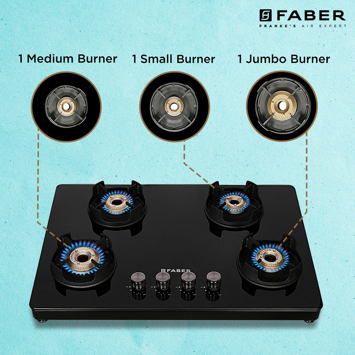 Faber NIOS DLX 754 BB BK Gas Cooktop – 75cm 4 Burner, Brass Burners, Powder Coated Finish, Manual Ignition-6