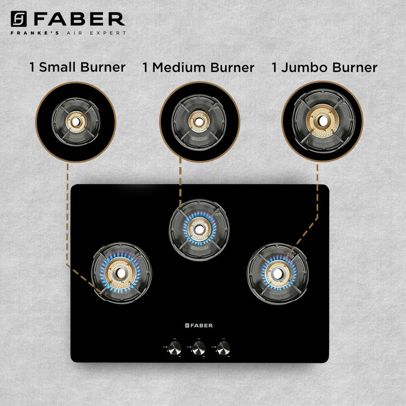 Faber NIOS DLX 753 BB BK Gas Cooktop – 75cm 3 Burner, Brass Burners, Powder Coated Finish, Manual Ignition-8