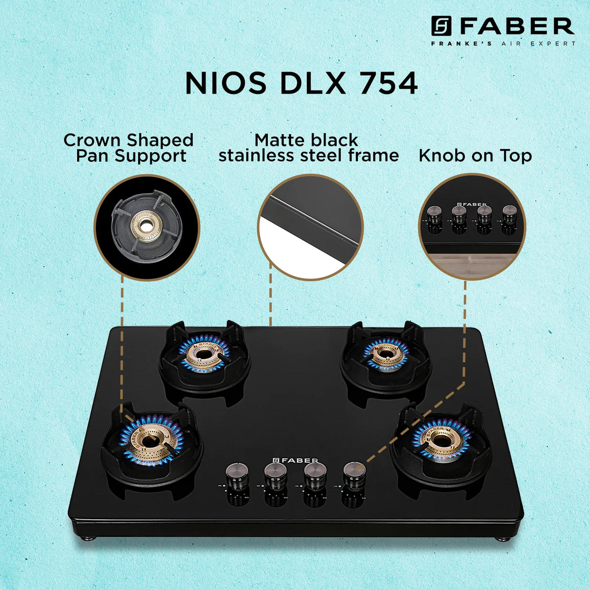Faber NIOS DLX 754 BB BK Gas Cooktop – 75cm 4 Burner, Brass Burners, Powder Coated Finish, Manual Ignition-4