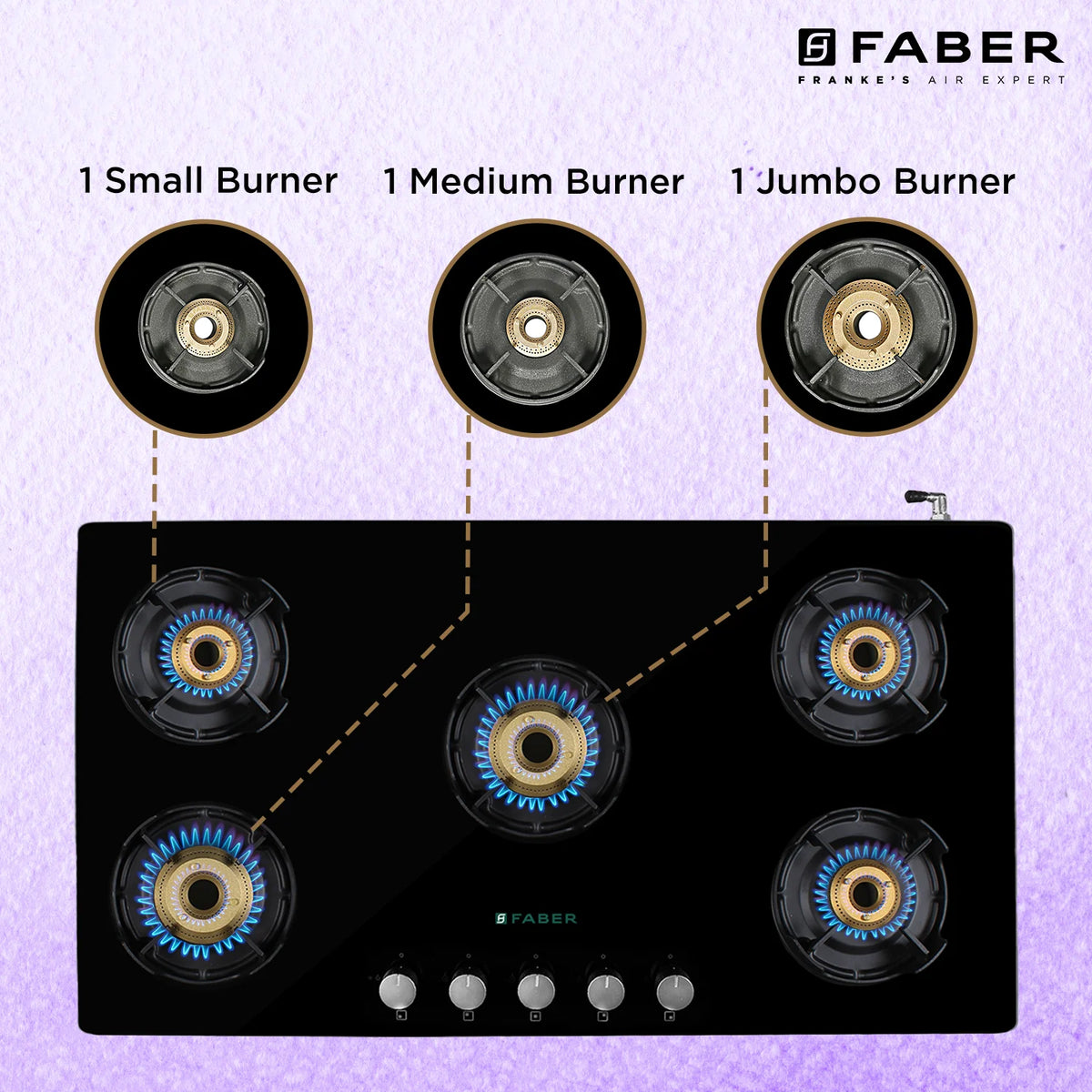 Faber NIOS DLX 905 BB BK Gas Cooktop – 90cm 5 Burner, Brass Burners, Powder Coated Finish, Manual Ignition-5