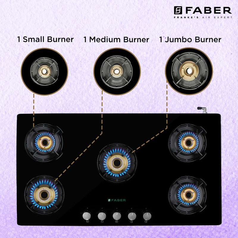 Faber NIOS DLX 905 BB BK Gas Cooktop – 90cm 5 Burner, Brass Burners, Powder Coated Finish, Manual Ignition-5