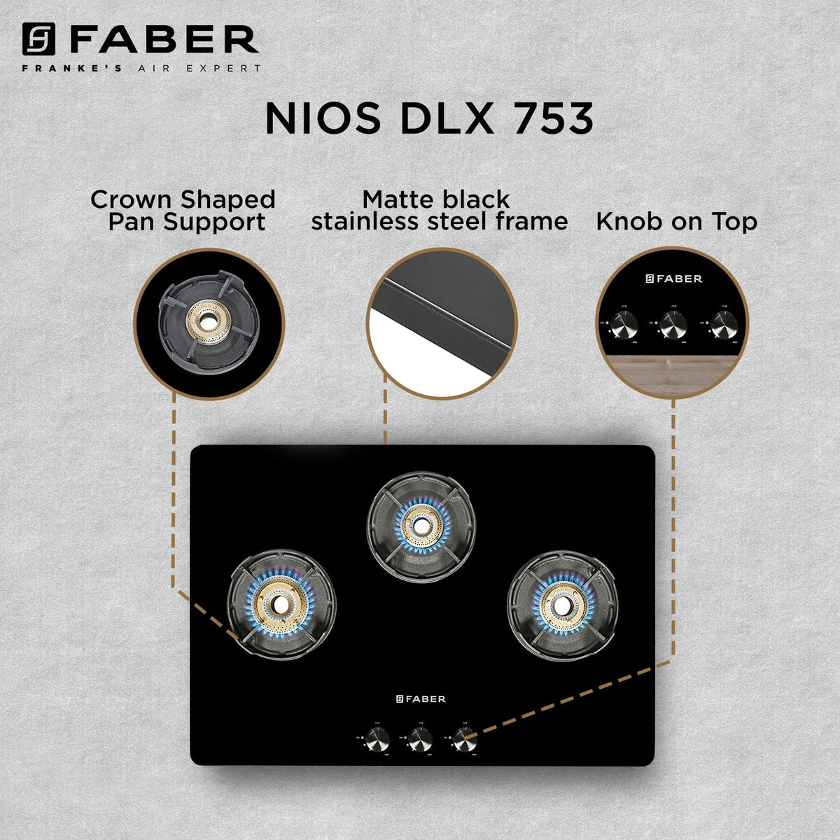 Faber NIOS DLX 753 BB BK Gas Cooktop – 75cm 3 Burner, Brass Burners, Powder Coated Finish, Manual Ignition-9
