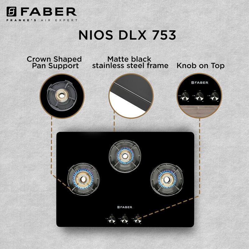 Faber NIOS DLX 753 BB BK Gas Cooktop – 75cm 3 Burner, Brass Burners, Powder Coated Finish, Manual Ignition-9