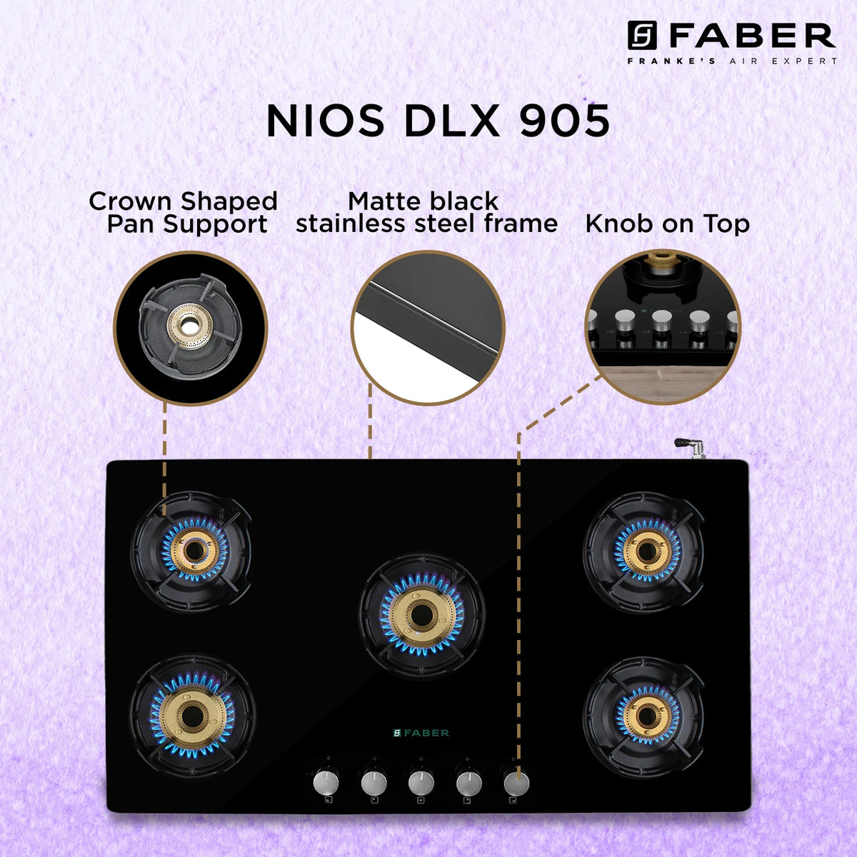 Faber NIOS DLX 905 BB BK Gas Cooktop – 90cm 5 Burner, Brass Burners, Powder Coated Finish, Manual Ignition-6
