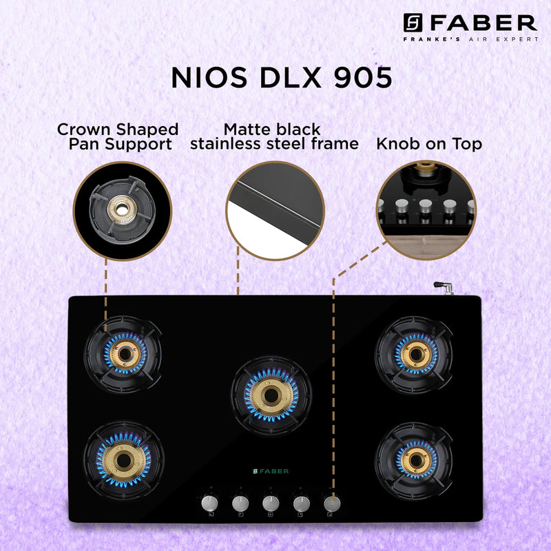 Faber NIOS DLX 905 BB BK Gas Cooktop – 90cm 5 Burner, Brass Burners, Powder Coated Finish, Manual Ignition-6