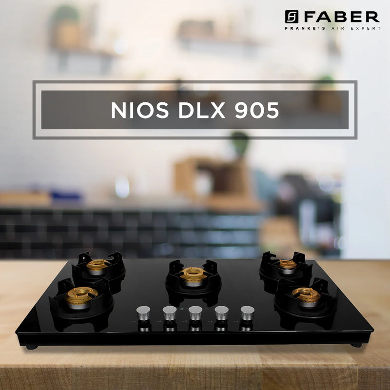 Faber NIOS DLX 905 BB BK Gas Cooktop – 90cm 5 Burner, Brass Burners, Powder Coated Finish, Manual Ignition-8