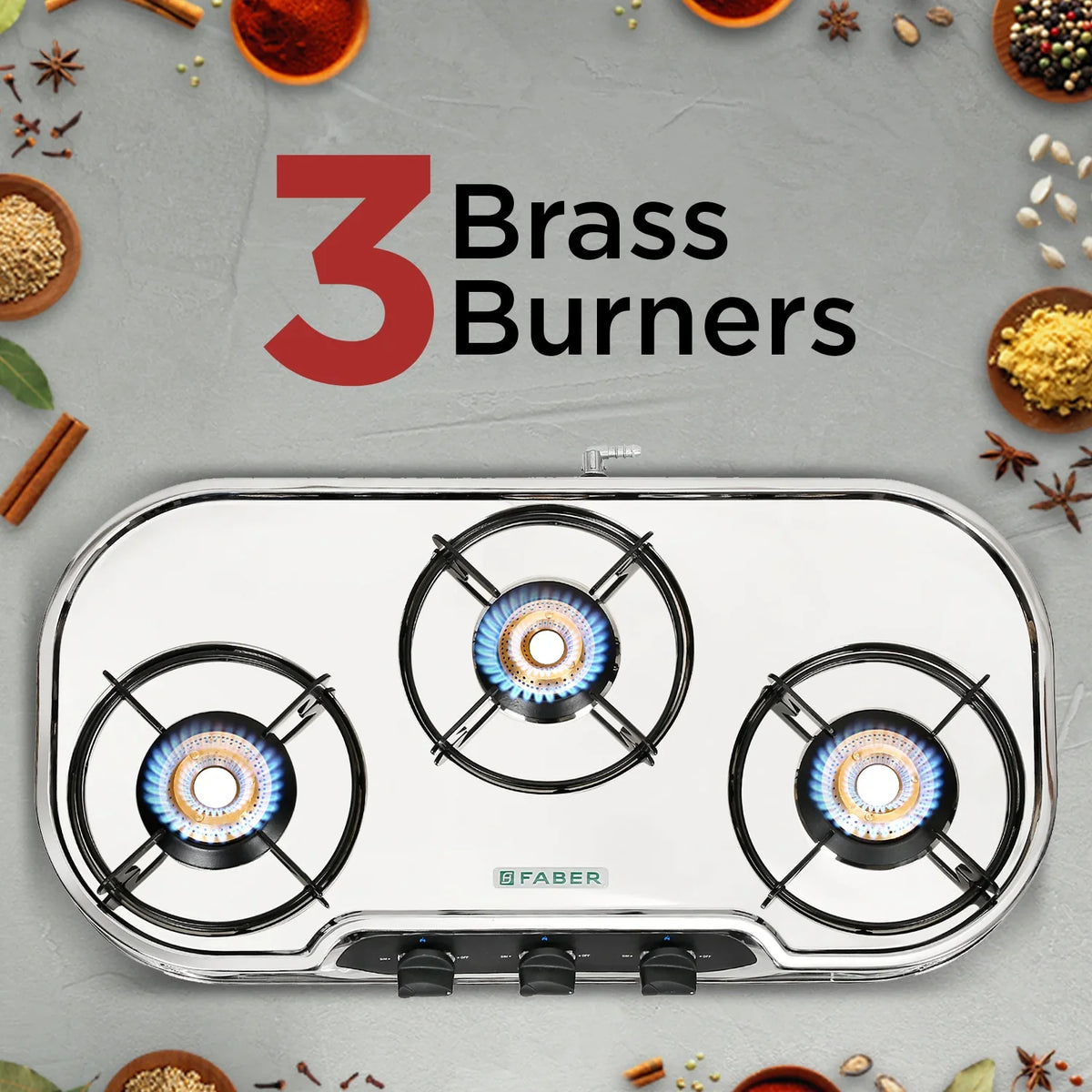 Faber HOB COOKTOP CRYSTAL 3BB SS – 3 Burner Gas Cooktop, Brass Burners, Stainless Steel Body, Manual Ignition