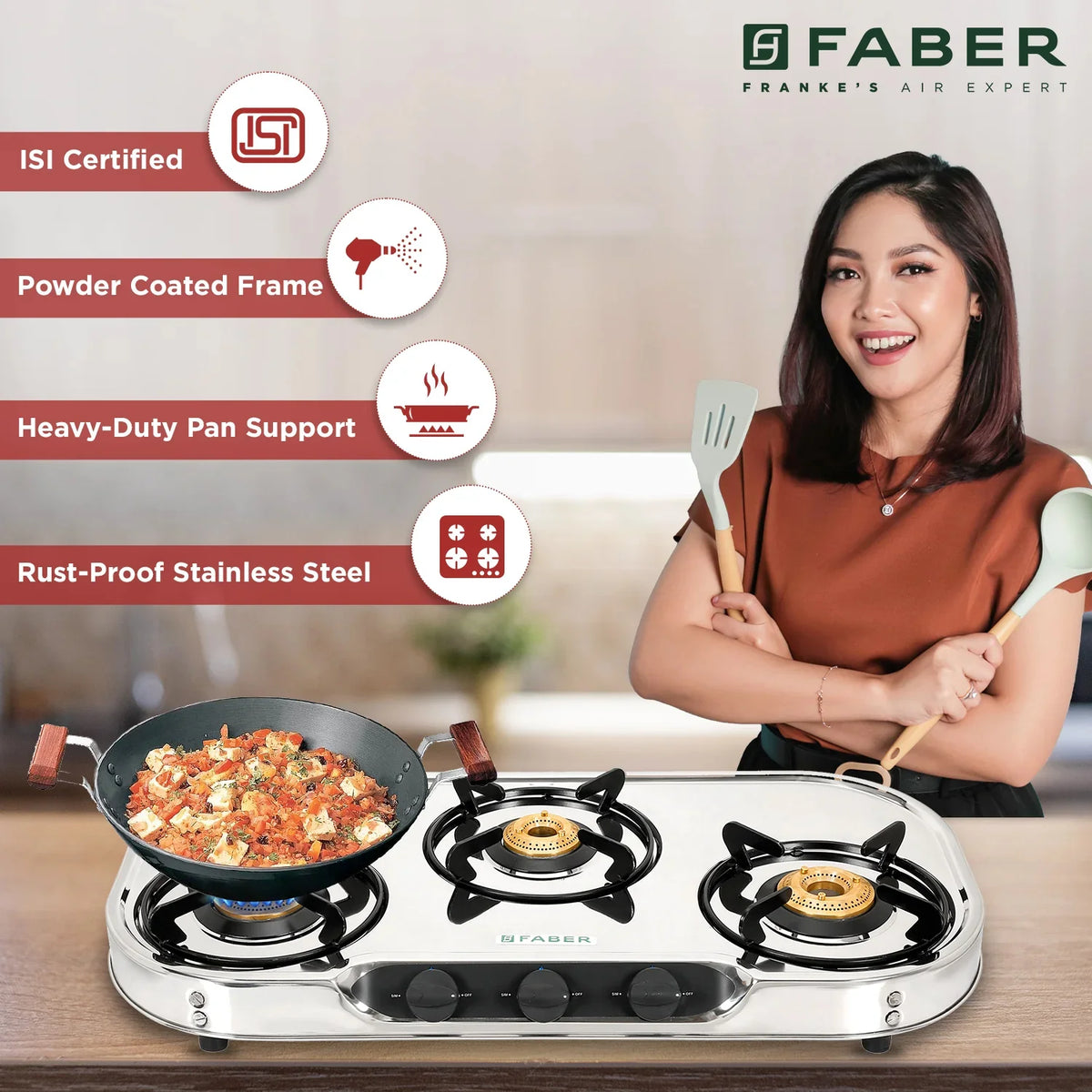 Faber HOB COOKTOP CRYSTAL 3BB SS – 3 Burner Gas Cooktop, Brass Burners, Stainless Steel Body, Manual Ignition-4