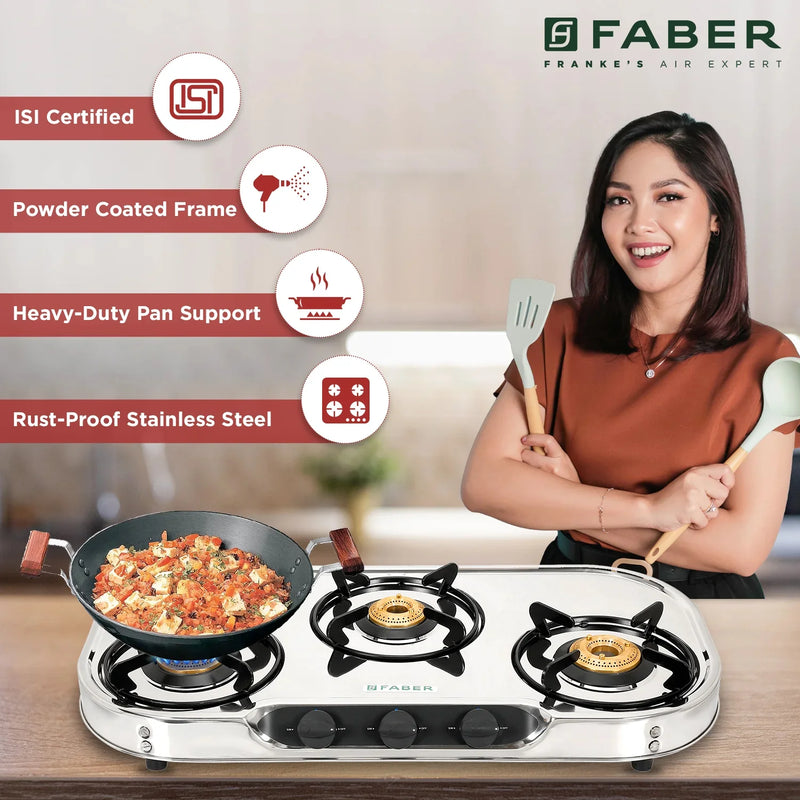 Faber HOB COOKTOP CRYSTAL 3BB SS – 3 Burner Gas Cooktop, Brass Burners, Stainless Steel Body, Manual Ignition-4