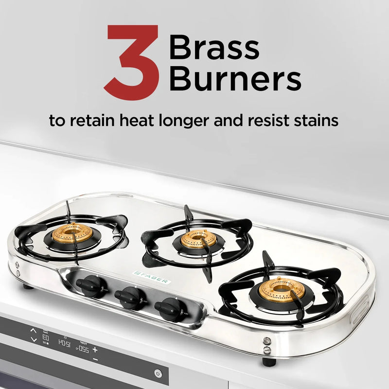 Faber HOB COOKTOP CRYSTAL 3BB SS – 3 Burner Gas Cooktop, Brass Burners, Stainless Steel Body, Manual Ignition-6