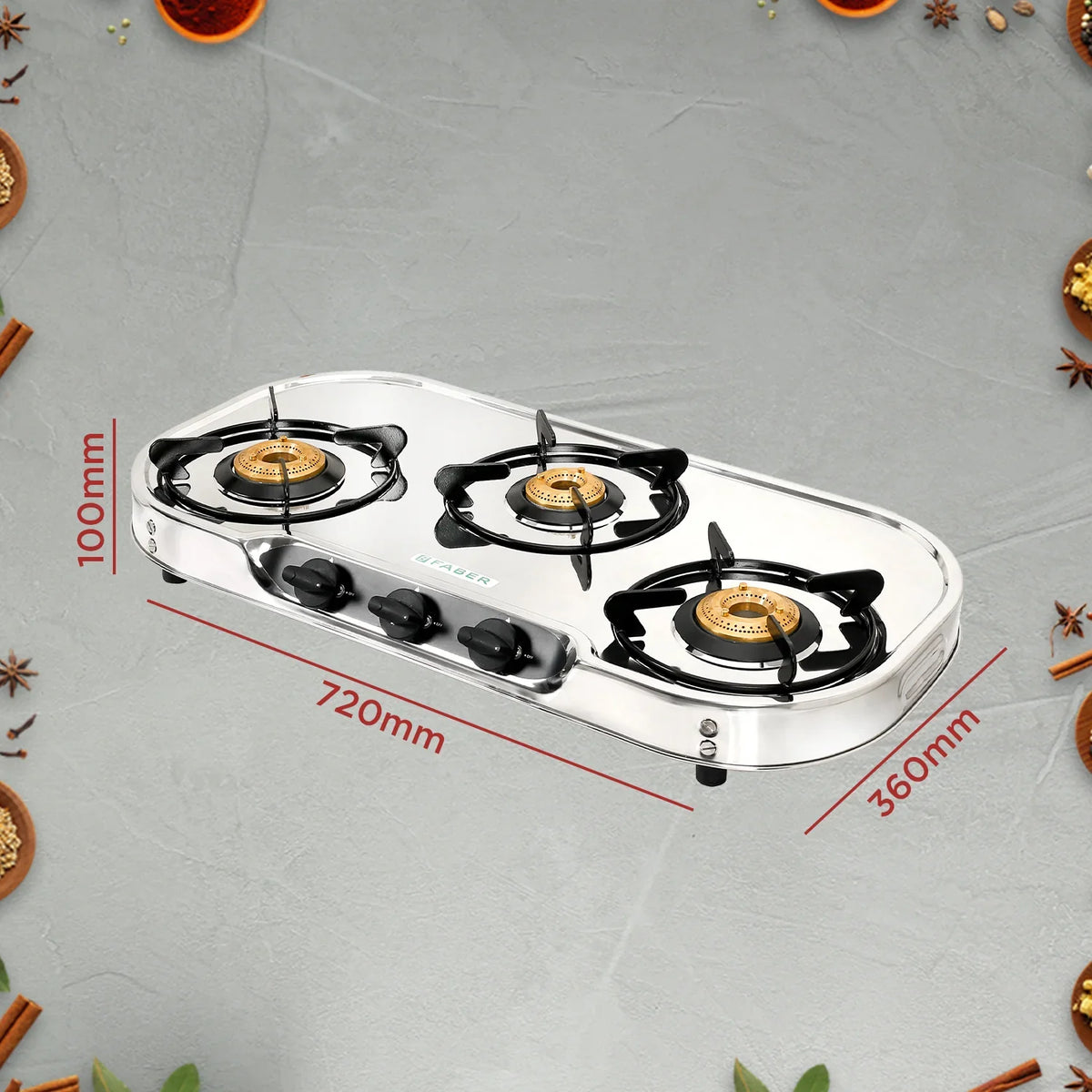 Faber HOB COOKTOP CRYSTAL 3BB SS – 3 Burner Gas Cooktop, Brass Burners, Stainless Steel Body, Manual Ignition-12