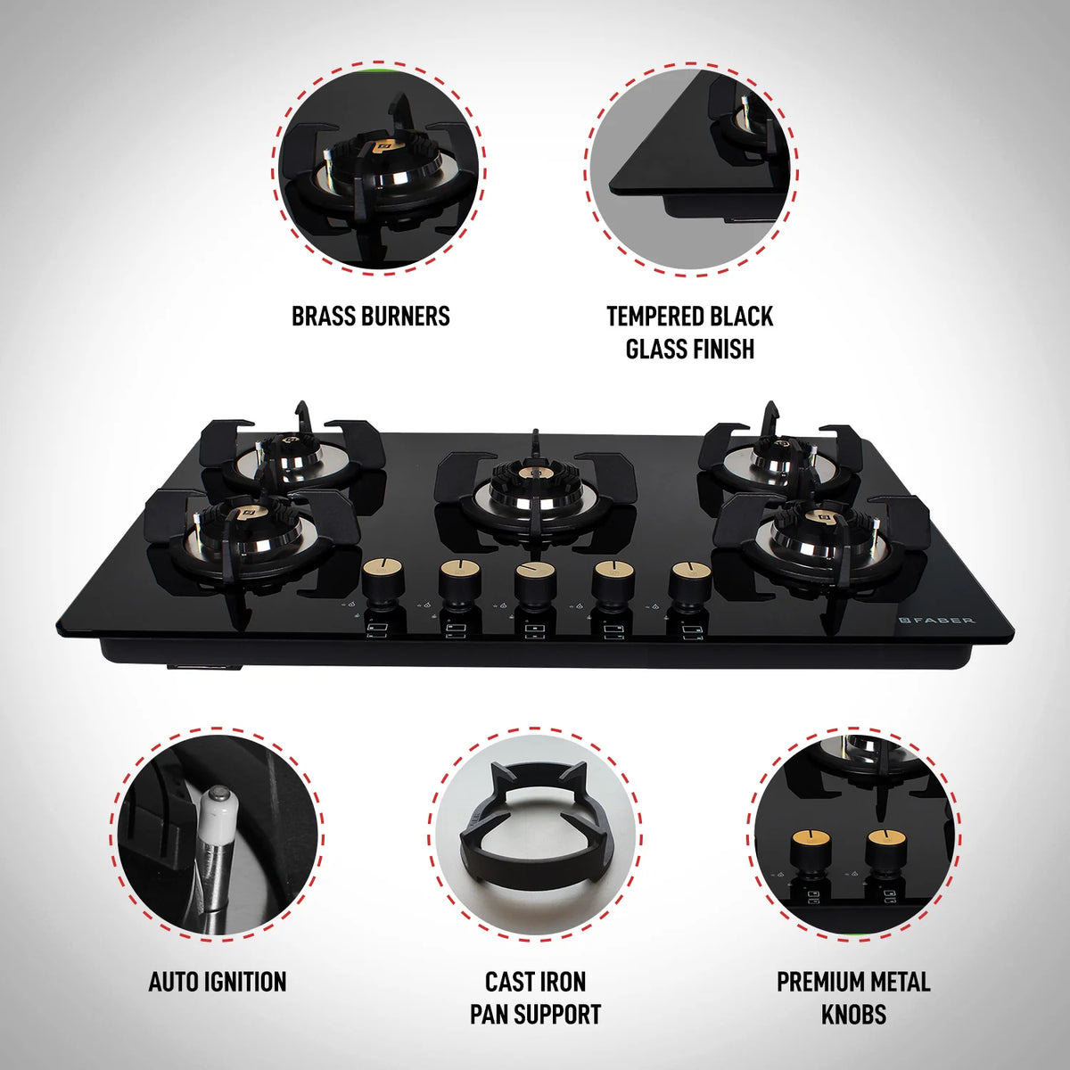 Faber Hob Maxus HT905 CRS BR CI AI – 5-Burner Brass Gas Hob, Black Toughened Glass, Auto Ignition, 90cm-2
