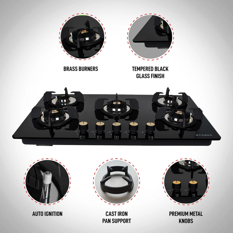 Faber Hob Maxus HT905 CRS BR CI AI – 5-Burner Brass Gas Hob, Black Toughened Glass, Auto Ignition, 90cm-2