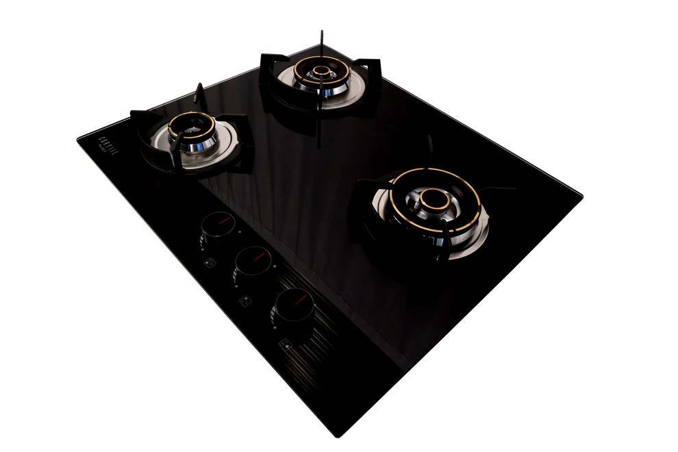 Carysil Pro 60cm Built-In Glass Hob – 3 Brass Burners, Triple Ring Burner, Cast Iron Pan Support, Battery Ignition, 8mm Tempered Glass, Stainless Steel Drip Tray