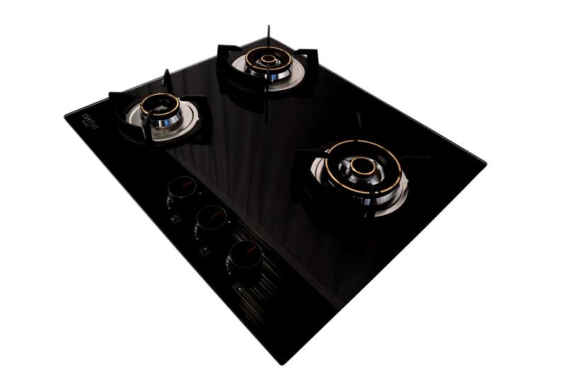 Carysil Pro 60cm Built-In Glass Hob – 3 Brass Burners, Triple Ring Burner, Cast Iron Pan Support, Battery Ignition, 8mm Tempered Glass, Stainless Steel Drip Tray-1