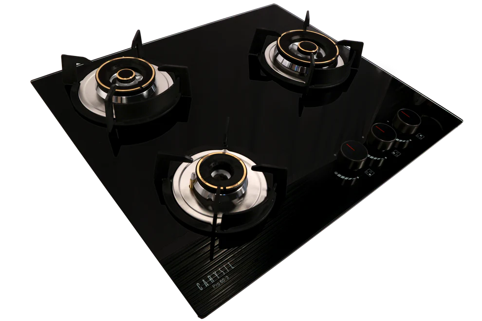 Carysil Pro 60cm Built-In Glass Hob – 3 Brass Burners, Triple Ring Burner, Cast Iron Pan Support, Battery Ignition, 8mm Tempered Glass, Stainless Steel Drip Tray
