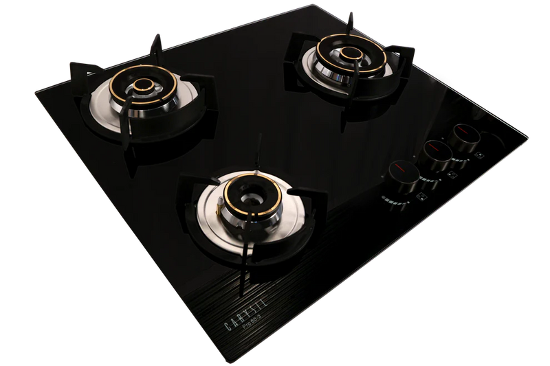 Carysil Pro 60cm Built-In Glass Hob – 3 Brass Burners, Triple Ring Burner, Cast Iron Pan Support, Battery Ignition, 8mm Tempered Glass, Stainless Steel Drip Tray-2