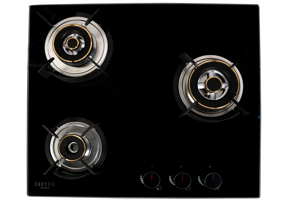 Carysil Pro 60cm Built-In Glass Hob – 3 Brass Burners, Triple Ring Burner, Cast Iron Pan Support, Battery Ignition, 8mm Tempered Glass, Stainless Steel Drip Tray-3