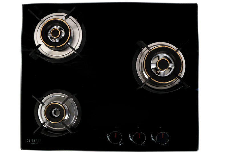 Carysil Pro 60cm Built-In Glass Hob – 3 Brass Burners, Triple Ring Burner, Cast Iron Pan Support, Battery Ignition, 8mm Tempered Glass, Stainless Steel Drip Tray-3