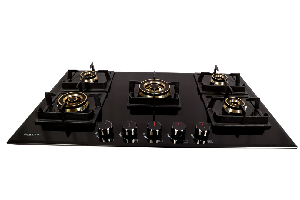 Carysil Tek Plus 90cm Built-In Glass Hob – 5 Brass Burners, FFD Safety Device, Square Cast Iron Pan Support, Battery Ignition, 8mm Tempered Glass, Designer Metal Knobs