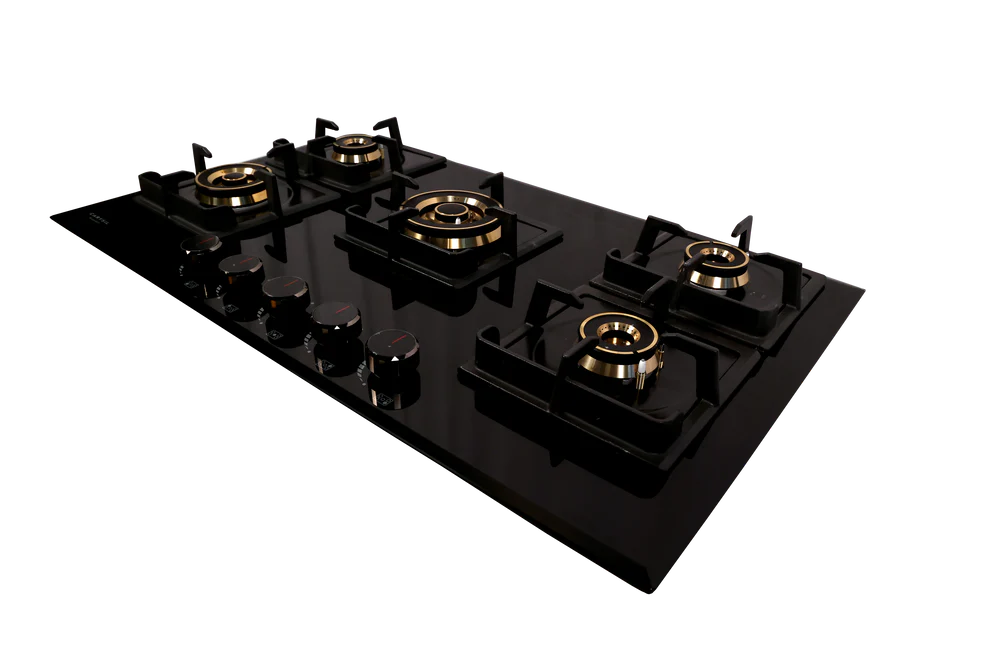 Carysil Tek Plus 90cm Built-In Glass Hob – 5 Brass Burners, FFD Safety Device, Square Cast Iron Pan Support, Battery Ignition, 8mm Tempered Glass, Designer Metal Knobs