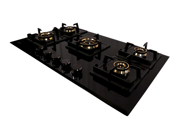 Carysil Tek Plus 90cm Built-In Glass Hob – 5 Brass Burners, FFD Safety Device, Square Cast Iron Pan Support, Battery Ignition, 8mm Tempered Glass, Designer Metal Knobs-2