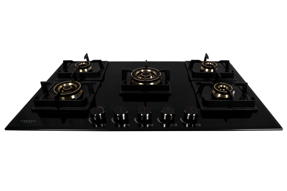 Carysil Tek Plus 90cm Built-In Glass Hob – 5 Brass Burners, FFD Safety Device, Square Cast Iron Pan Support, Battery Ignition, 8mm Tempered Glass, Designer Metal Knobs-3