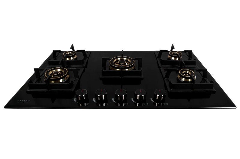 Carysil Tek Plus 90cm Built-In Glass Hob – 5 Brass Burners, FFD Safety Device, Square Cast Iron Pan Support, Battery Ignition, 8mm Tempered Glass, Designer Metal Knobs-3