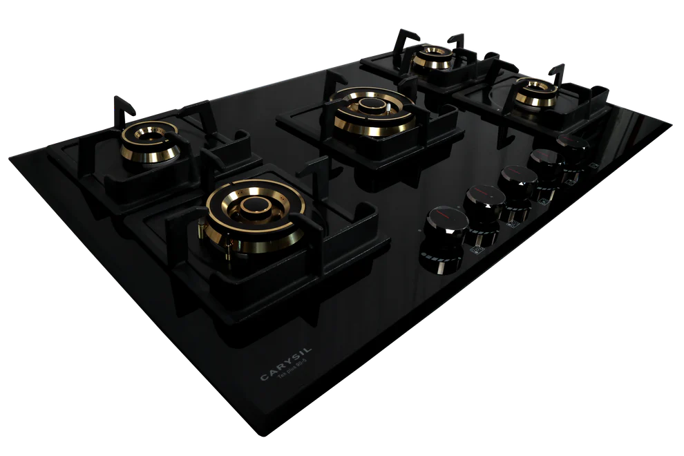 Carysil Tek Plus 90cm Built-In Glass Hob – 5 Brass Burners, FFD Safety Device, Square Cast Iron Pan Support, Battery Ignition, 8mm Tempered Glass, Designer Metal Knobs-4