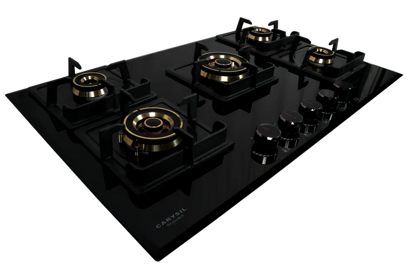 Carysil Tek Plus 90cm Built-In Glass Hob – 5 Brass Burners, FFD Safety Device, Square Cast Iron Pan Support, Battery Ignition, 8mm Tempered Glass, Designer Metal Knobs-4