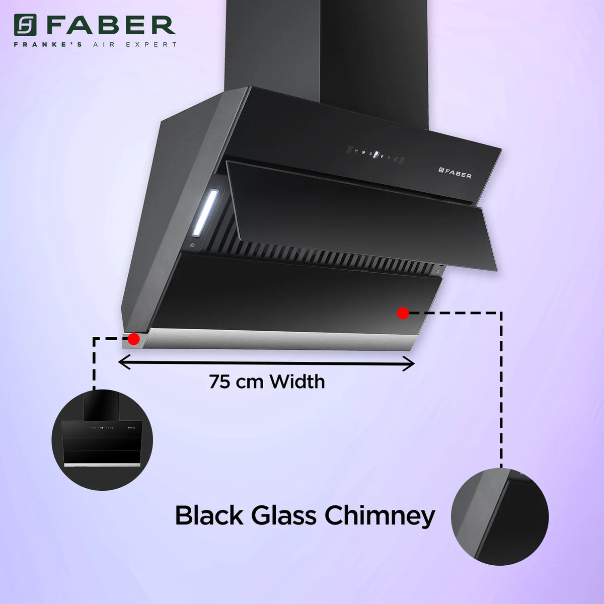 Faber Zenith FL SC AC BK 75 cm Wall-Mounted Chimney – 1350 m³/hr Suction, Filterless Auto-Clean & Gesture/Touch Control
