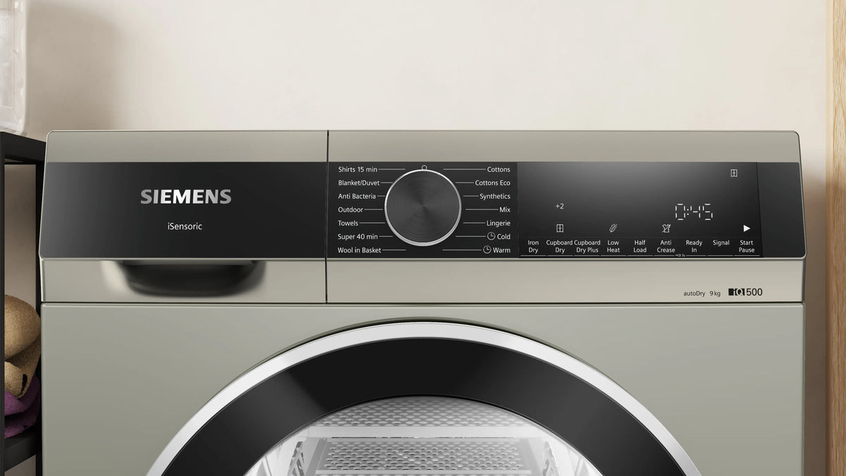 Siemens iQ500 9 Kg Condenser Tumble Dryer (WP41G208IN) – AutoDry Sensor, LED Display, Anti-Crease, Super 40, Silver Inox