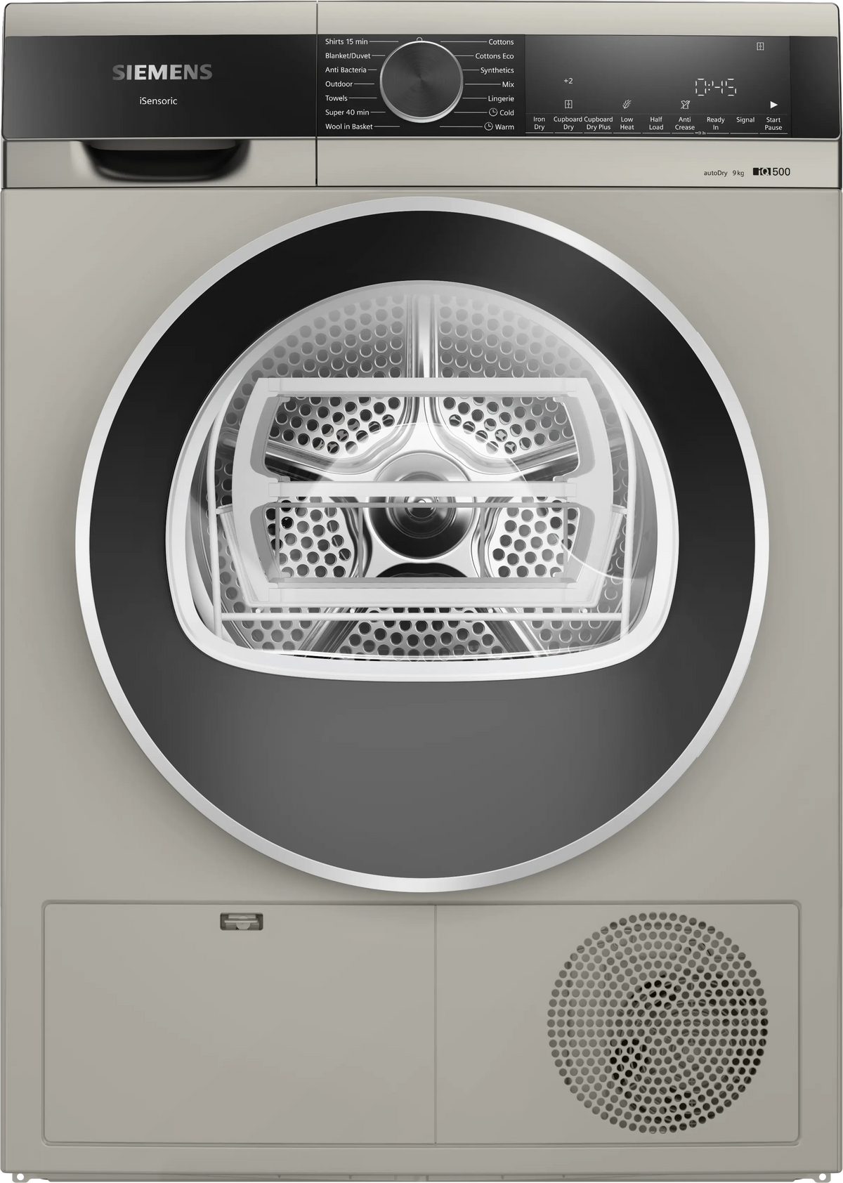 Siemens iQ500 9 Kg Condenser Tumble Dryer (WP41G208IN) – AutoDry Sensor, LED Display, Anti-Crease, Super 40, Silver Inox