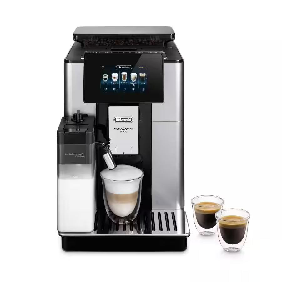 De’Longhi PrimaDonna Soul ECAM612.55.SB Fully Automatic Coffee Machine – 19 Bar, Bean Adapt Technology, LatteCrema System, TFT Touch Display (Silver Black)